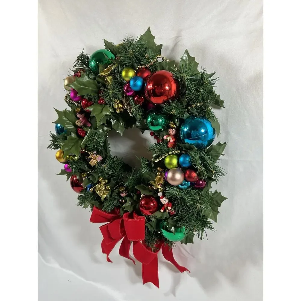 Vintage 16” Christmas Wreath Wood Angel Colorful Balls Gold Beads Red Velvet Bow